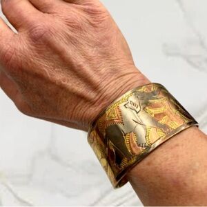 Vintage Brass Copper and Silver Engraved Elephant and Floral Cuff Bracelet.